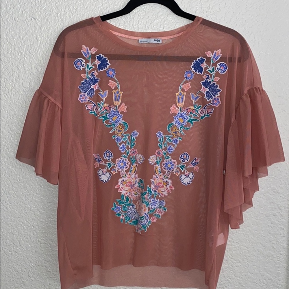 ZARA | embroidered see thru blouse